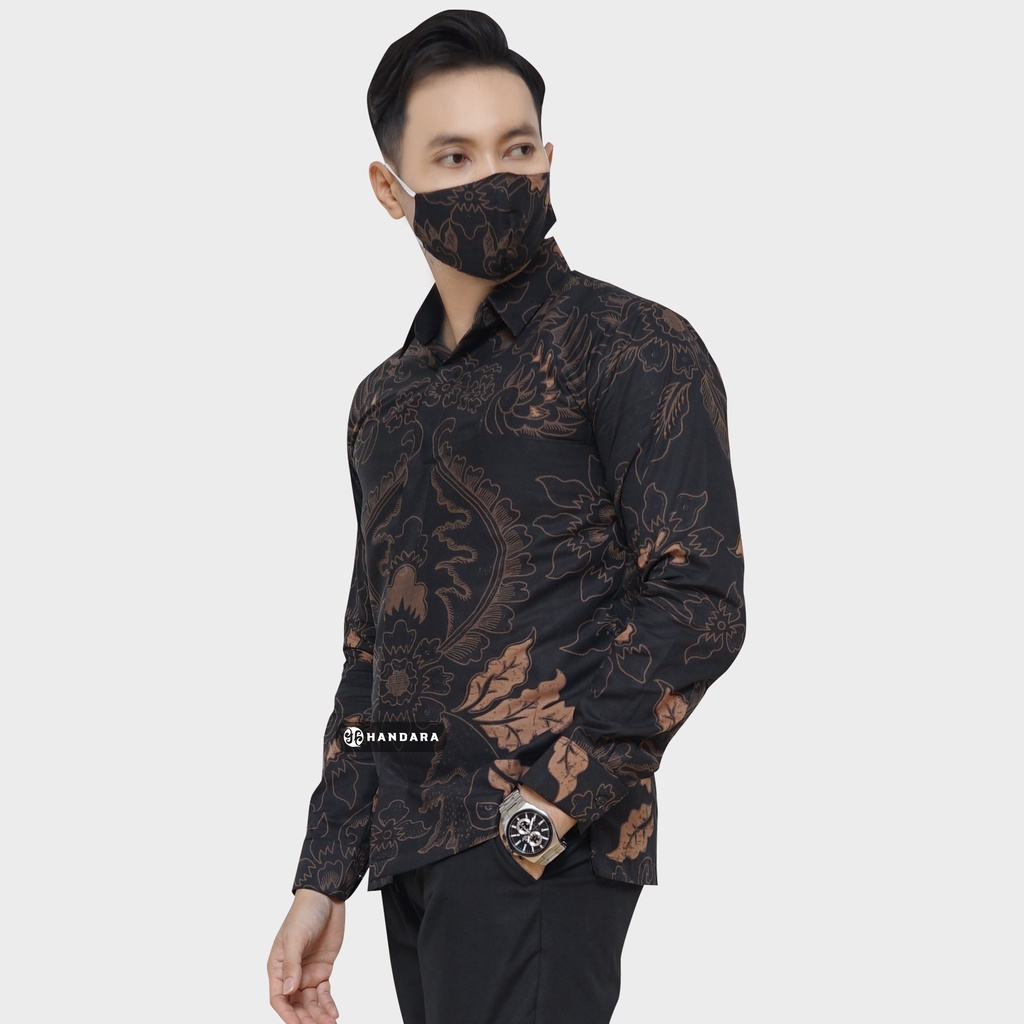 Baju Kemeja Batik Pria Lengan Panjang Slim Fit Premium Modern Full Furing Katun Halus Original Handara Motif Bhremasta Hitam Sogan HB-108