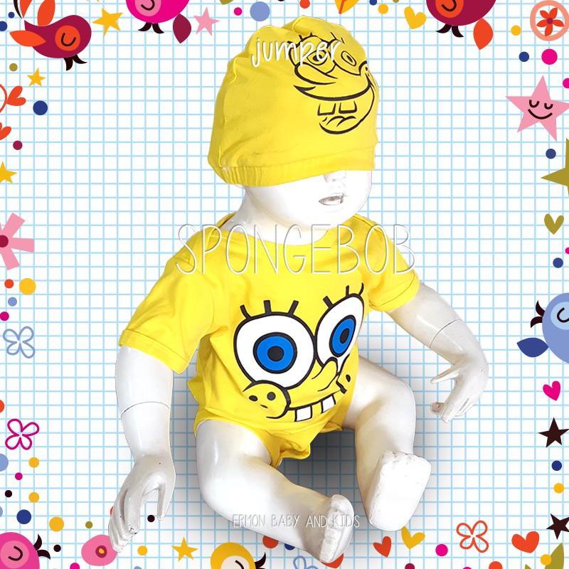 Ermon Baby - Baju Bayi Laki Laki Jumper Baby Lucu Karakter Spongebob + Topi usia 0 - 12 Bulan
