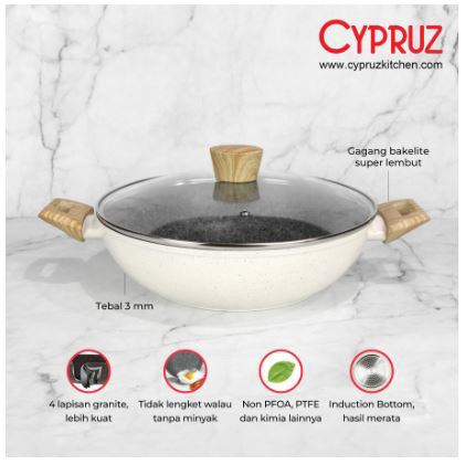 Cypruz White Granite Wok Pan / Kuali Tebal Anti Lengket + Tutup
