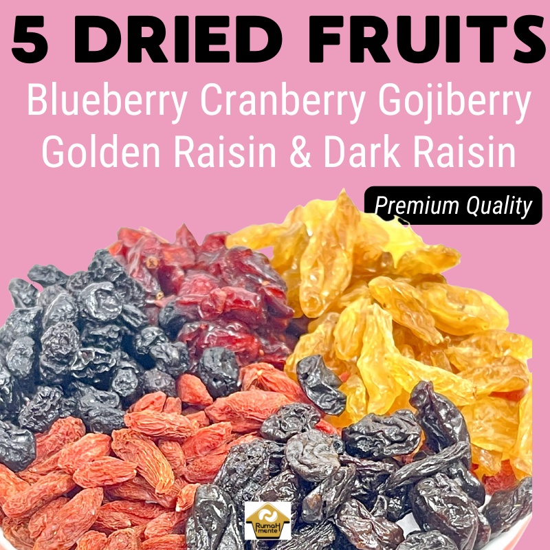 

TRAIL MIX 5 BUAH KERING BLUEBERRY CRANBERRY GOJI BERRY GOLDEN RAISIN DARK RAISIN 500GR (CEMILAN DIET