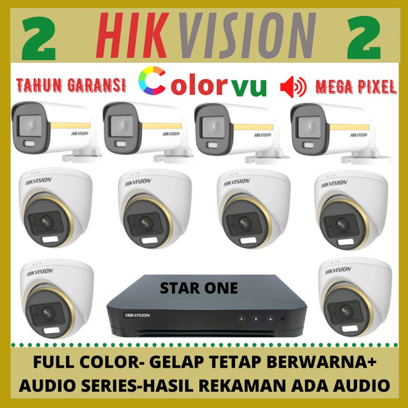 PAKET CCTV HIKVISION COLORVU 2MP 16 CHANNEL 10 KAMERA AUDIO FULL COLOR