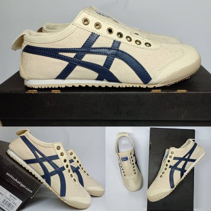 SEPATU ASICS TIGER SLIP ON CREAM NAVY SEPATU CASUAL RUNNING WANITA