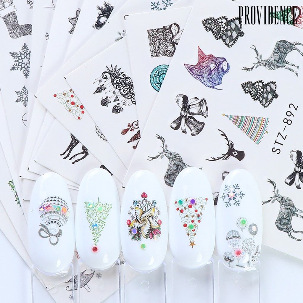 Providence 12 Pcs Stiker Kuku Motif Snowflake/Lonceng/Rusa Untuk Dekorasi Nail Art