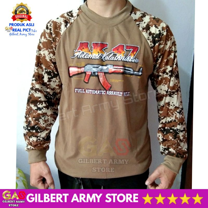 GILBERT ARMY STORE Kaos Loreng lengan Panjang Variasi Reglan Digital Desert Tan Gurun Gambar Ak47 Tshirt Pria Terbaru