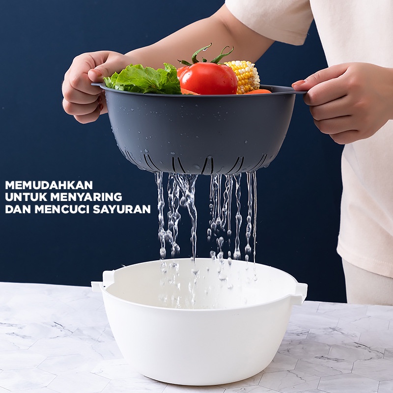 Mangkok Baskom Saringan Ganda Cuci Buah Sayur Drain Basket