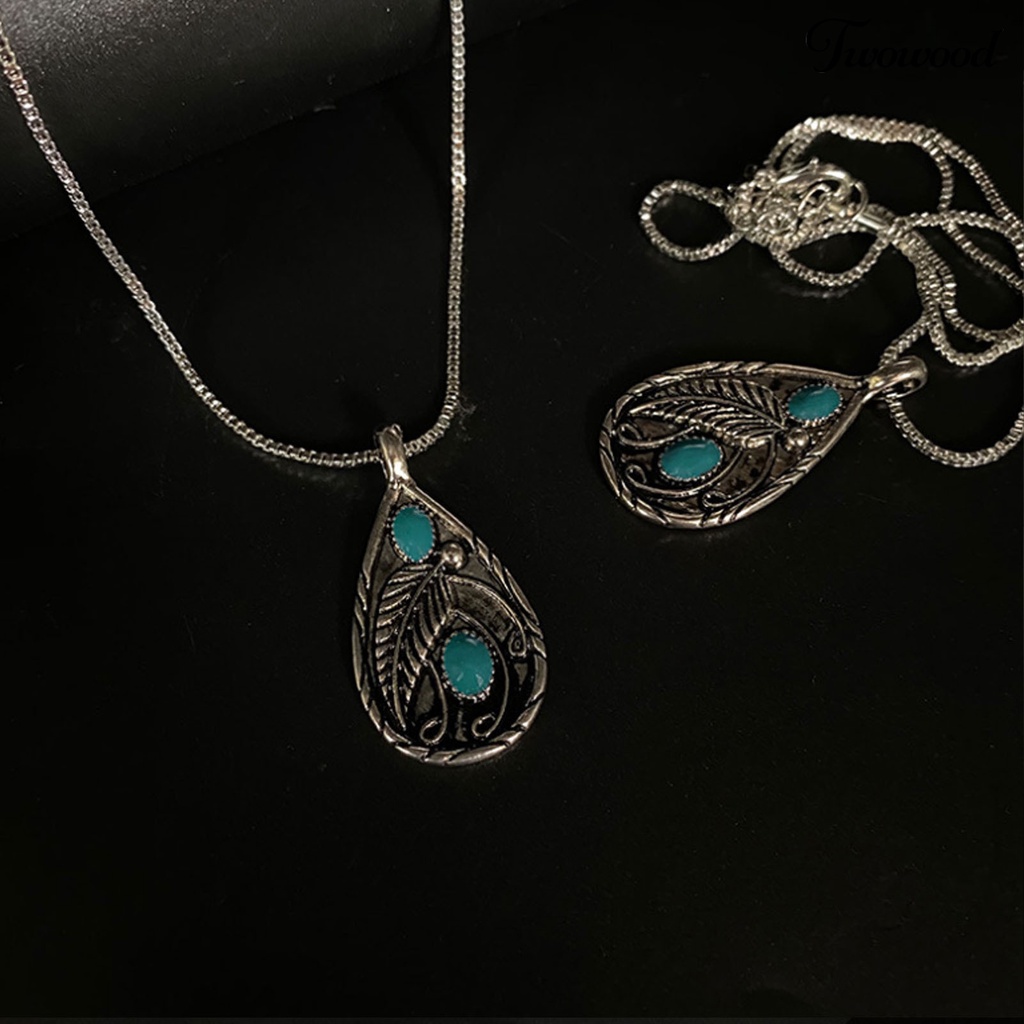 Kalung Liontin Batu Turquoise Bentuk Tetesan Air Bahan Alloy Gaya Vintage Untuk Unisex