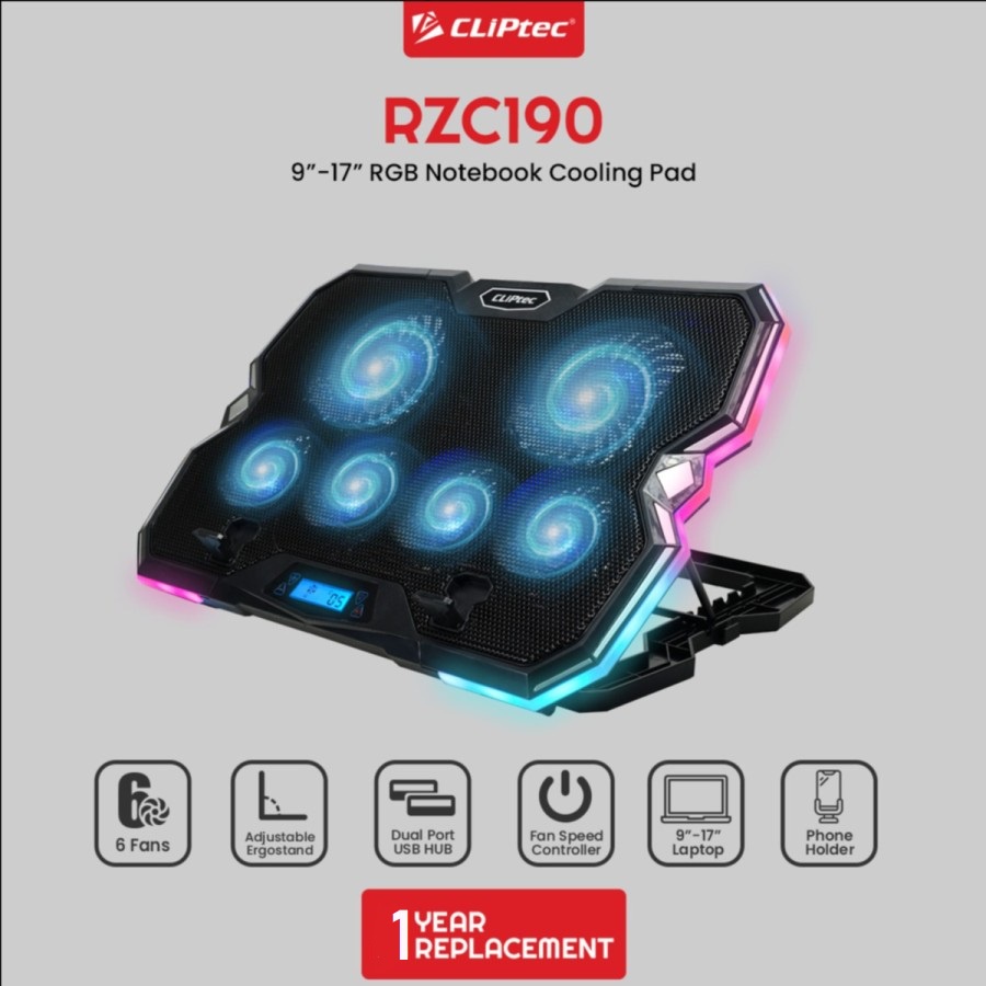 Notebook Cooling Pad CLIPtec RZC190 RGB 6Fans LED Display Ergostand 17&quot;