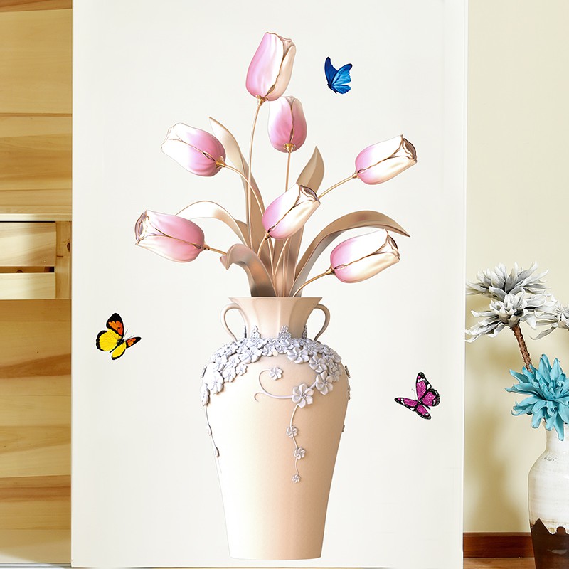Stiker Dinding Dengan Bahan Mudah Dilepas Dan Gambar Vas Bunga 3d