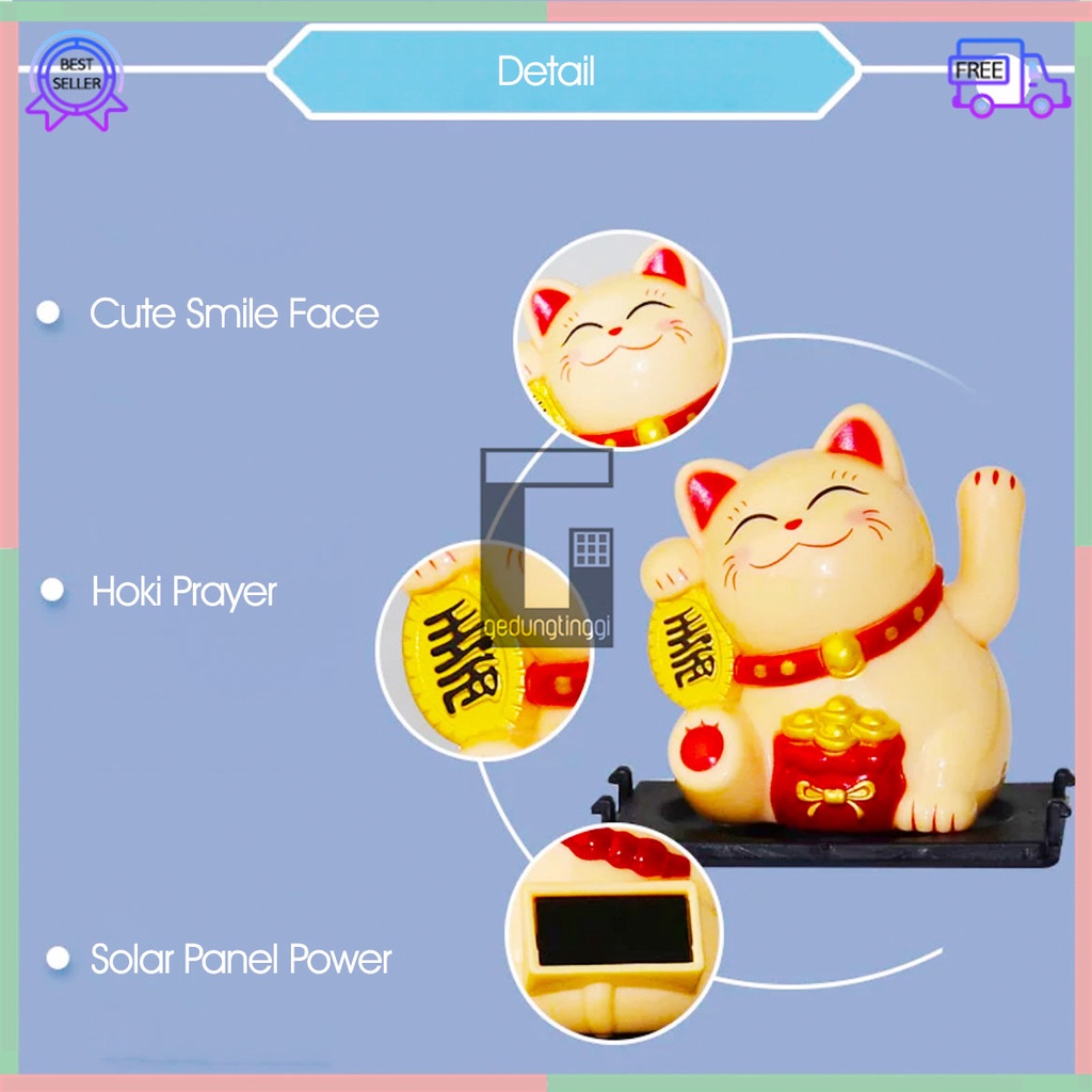 Patung Pajangan Boneka Hiasan Kucing Hoki Keberuntungan Lucky Cat Rejeki Maneki Neko Maneko Neki Tangan Goyang Gerak Bergerak Melambai Solar Baterai Batrai Batre Dashboard Mobil Meja Toko Kasir Cafe Cina China Jepang Murah Ukuran Size Kecil Mini Imut Lucu