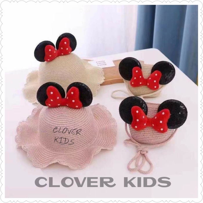 Topi Pantai Anak  Tas Jerami Rajut Bunga Korea Import 1 Set