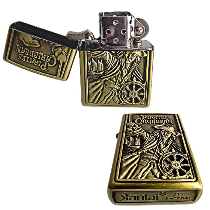 PAKET KOMPLIT SET KOREK API KANTAI GOLD MOTIF PIRATES CARIBBEAN + MINYAK ZIPPO 100ML + BATU ZIPPO