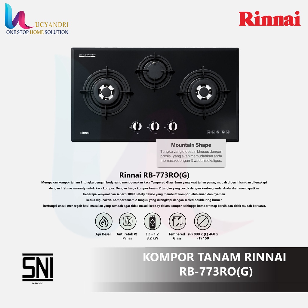 Built-in Gas Hob Rinnai Kompor Gas Tanam 3 Tungku Rinnai RB-773 RO(G) / RB773ROG