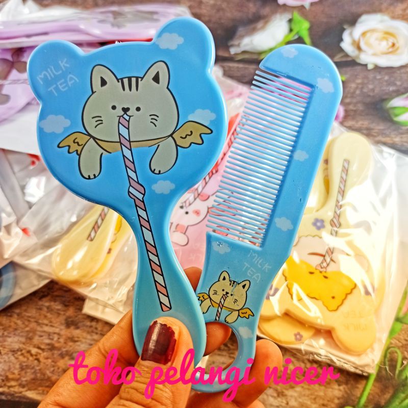 Paket Cermin Karakter Lucu + Sisir Pelurus Rambut - Cermin Mini + Sisir Karakter / Cermin Mini Anak