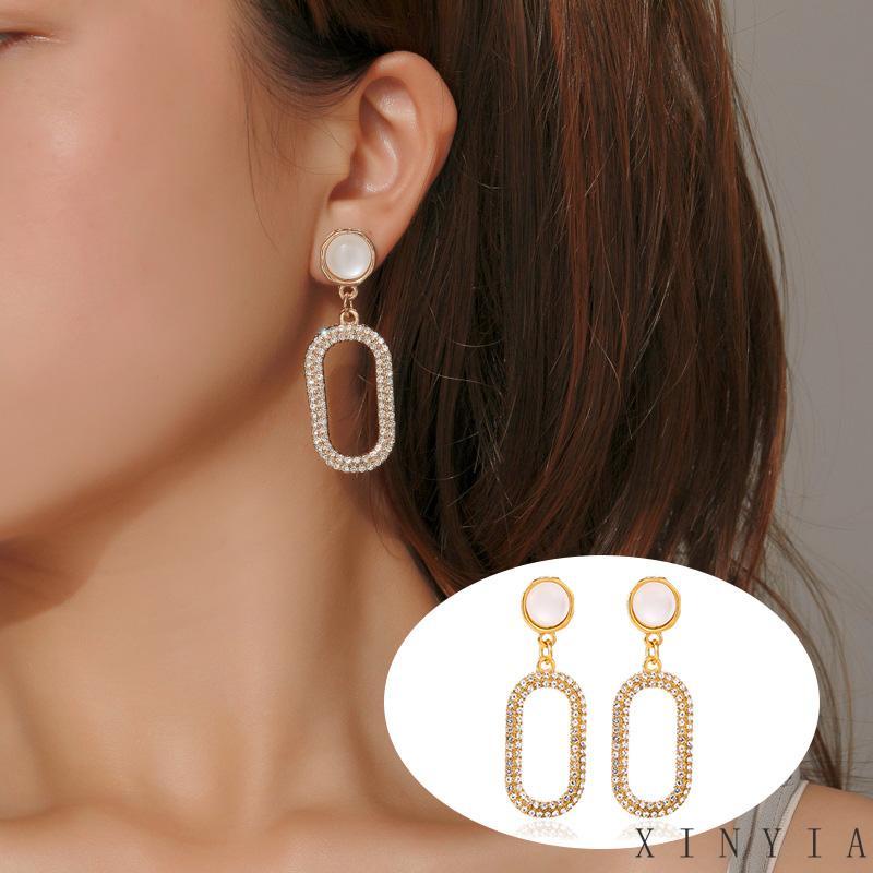 Anting Tusuk Gantung Desain Geometri Hias Opal + Berlian Berkilau Untuk Wanita XIA.ID