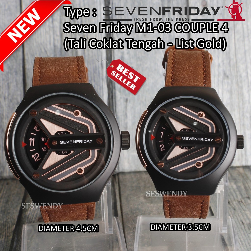 REAL PICT  Jam tangan Sevenfriday COUPLE M1 03 Black Gold Premium Tali strap Kulit coklat