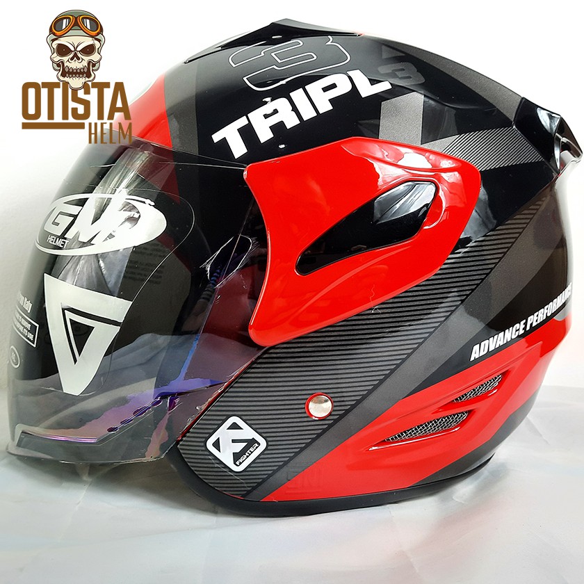 Helm Half Face Gm Fighter Triple Red Silver Glossy Merah Corak