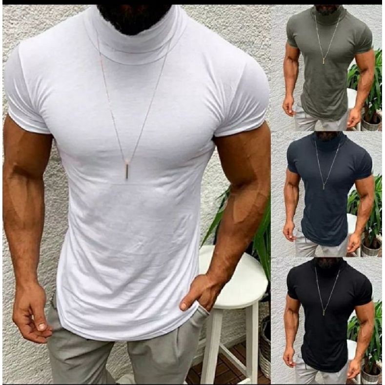 kaos turtlenek lengan pendek pria wanita turtle neck korean style kerah tinggi /kaos polos kerah tin