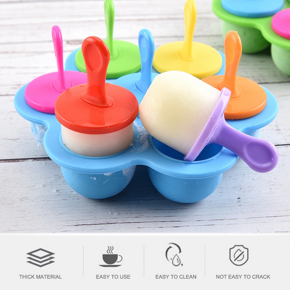 7 Grid Reusable Food Grade Silicone Popsicle Molds /Mini Silicone Ice Cream Molds /DIY Baby Food Supplement Ice Cream Lolly Mold With 7 Colorful Sticks/ Freezer Juice Ice Cube Tray Ice Mould