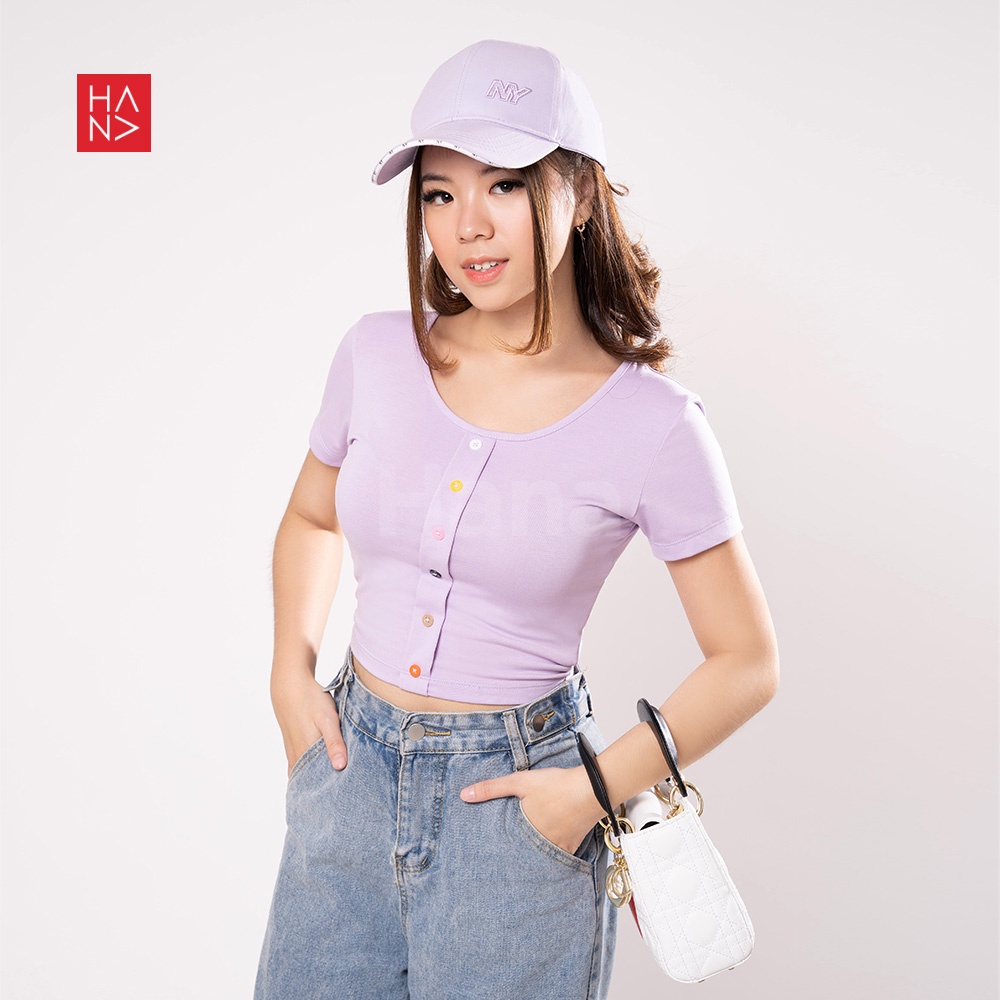 Hana Fashion - Lisa T-Shirt Colorful Button Crop Top Kaos Wanita  - TS194