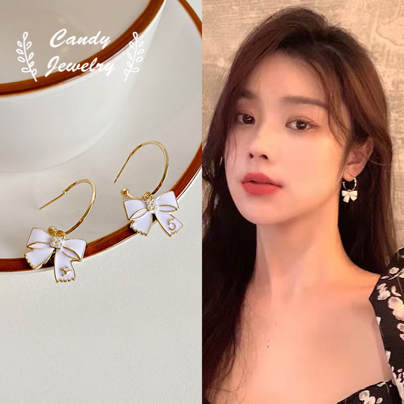 Anting Tusuk Silver S925 Bentuk C Hias Pita Putih Gaya Korea