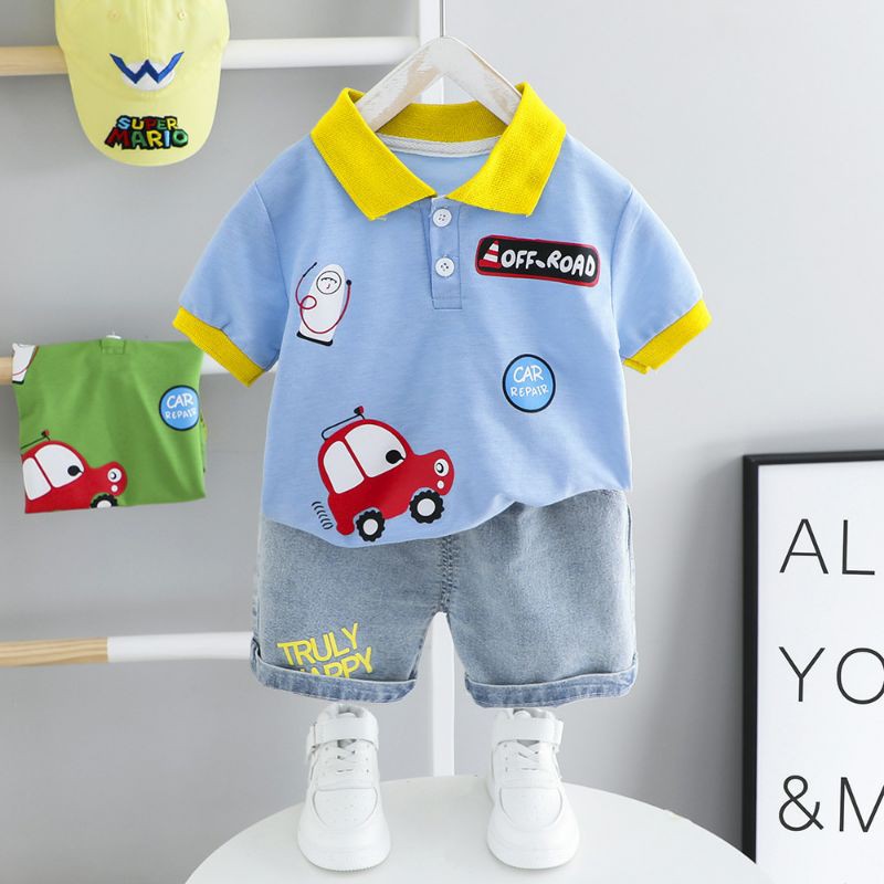 BabyYuan |setelan anak import polo shirt + jeans pants/setelan anak laki-laki/baju import
