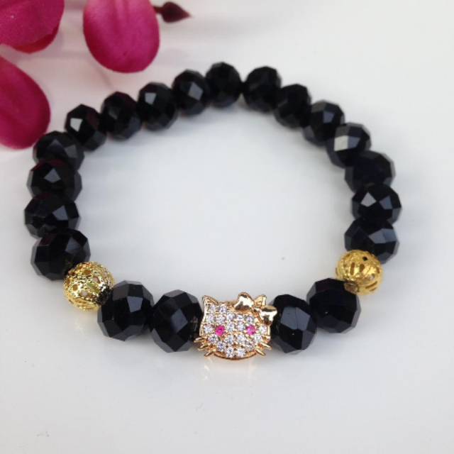 Gelang Tangan Motif Hello Kitty Batu Kristal Hitam
