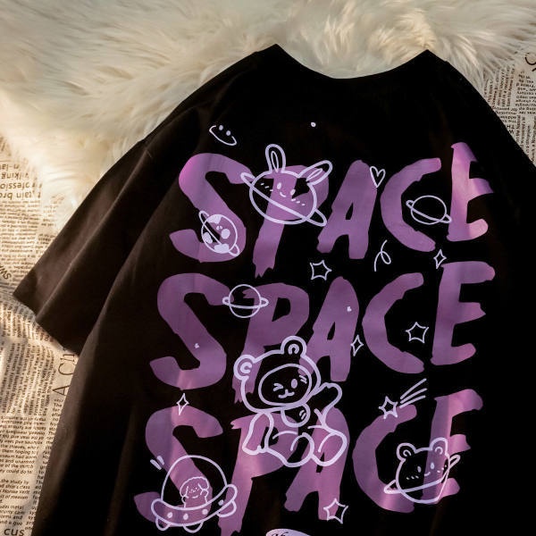 [littlecrab] Kaos Oversize Korea Space Lucu Kaos Couple Unisex Beruang Bulan Planet Korean Style