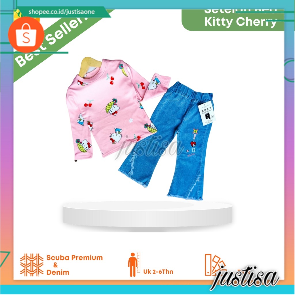Promo !! Setelan anak perempuan import / Setelan bed kitty cherry ukuran 2-6 tahun