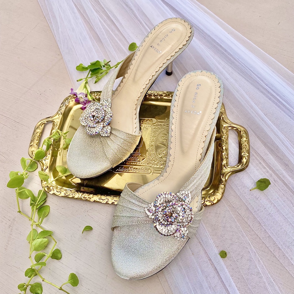 Silver Selop Sandal Sepatu Pesta Wanita Kitten Heels 7cm AVEDA DF2405