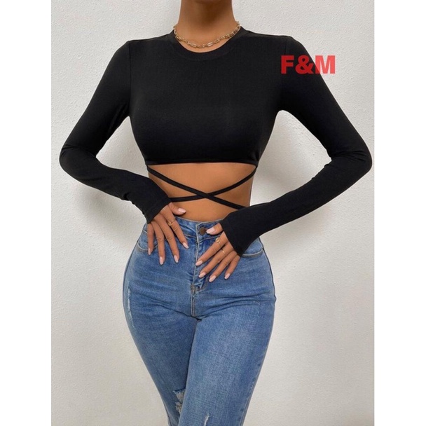 CROPTOP ATASAN BAJU CROP (FE-55) WANITA LENGAN PANJANG KOREA LEHER BULAT DENGAN TALI BISA ATUR SPANDEK PREMIUM KOREA BAJU CROP WANITA