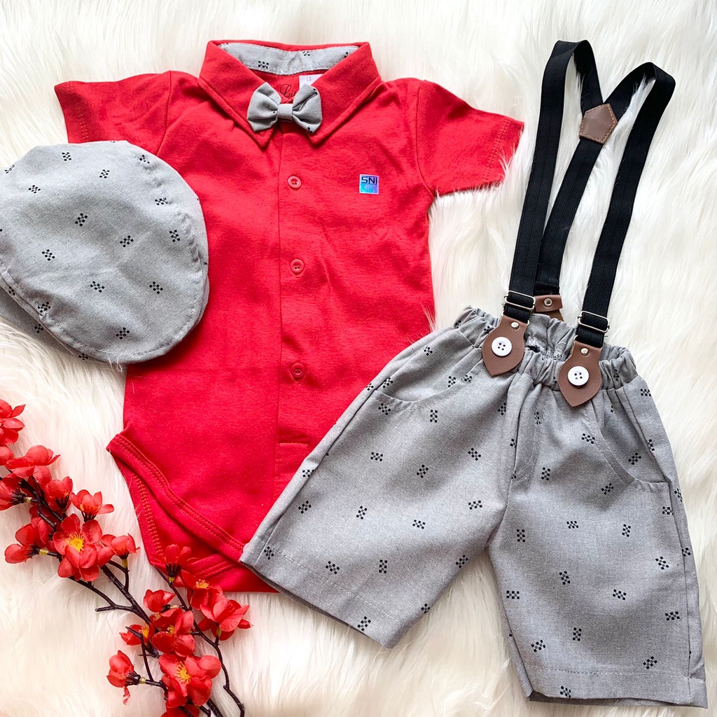 Setelan jumper celana suspender topi dasi motif bintik fashion anak bayi cowok laki baby boy -baw-RED, BINTIK