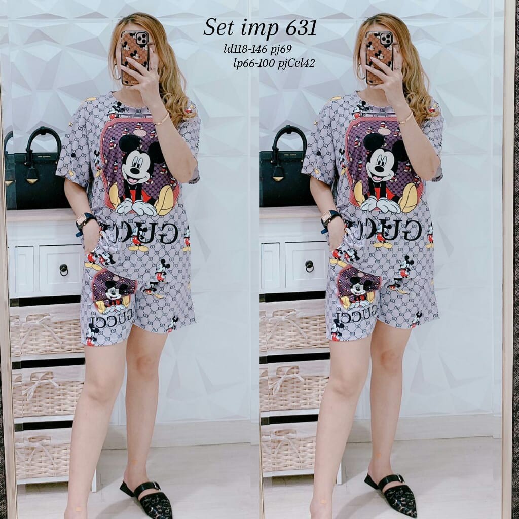 SETELAN KAOS IMPORT BAJU ATASAN MICKEY GUCCI+CELANA MODIS SETELAN KAOS WANITA IMPORT MURAH 631