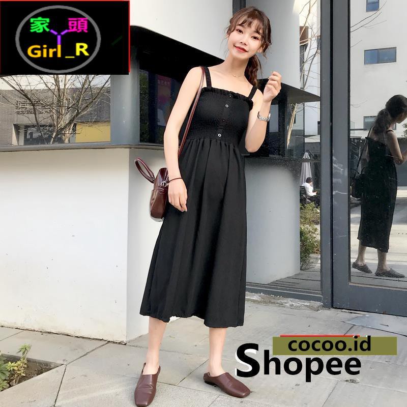\u2764Girlmaid\u2764 Dress Midi Korea Square Neck Tanpa Lengan Rok A-Line Lipit Warna Polos untuk Wanita