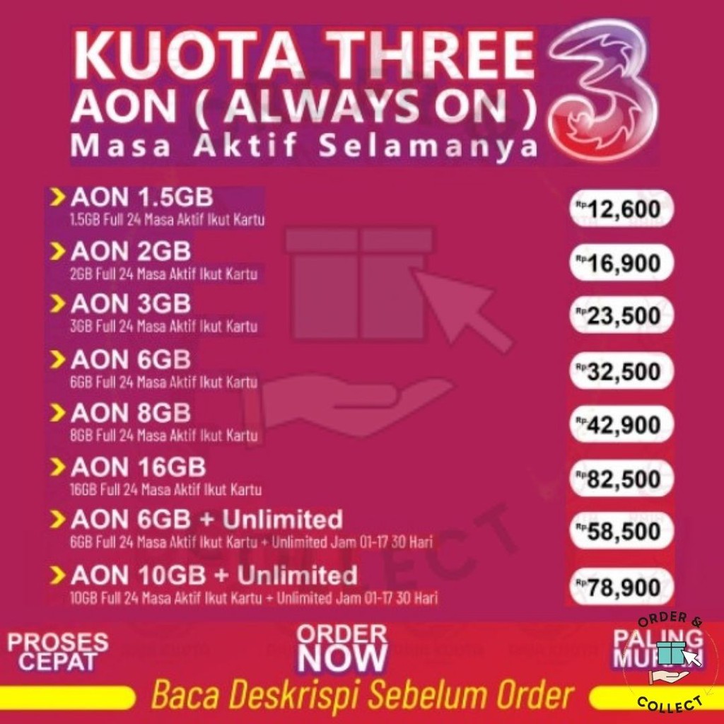 Kuota Tri Murah AON 1.5GB 2GB 3GB 6GB 8GB 10GB 16GB Unlimited Nasional Proses Kilat