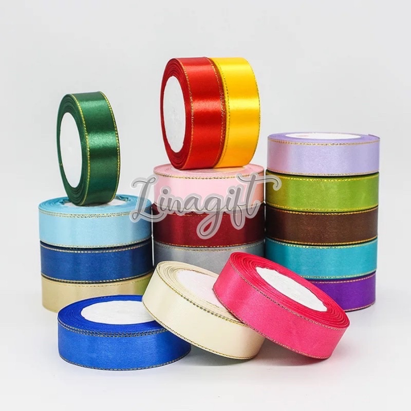 ( Rol 20 Yard ) PITA SATIN LIST EMAS 12MM 1/2INCH / PITA KADO SATEEN SILK RIBBON GOLD 1,2CM