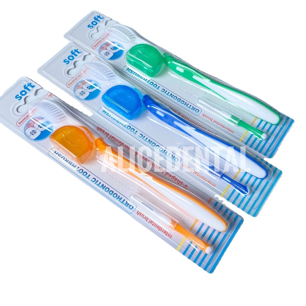 Sikat gigi ortho behel dengan tutup BONUS INTERDENTAL BRUSH SOFT bulu lembut V trim behel dr smith orthodontic toothbrush tooth brush tengah cekung pendek dr smile