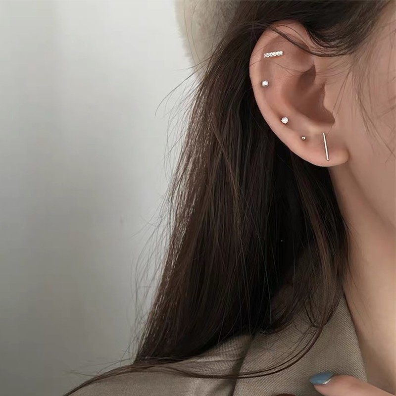 Set 5pcs Anting Tusuk Lapis silver Dengan Batu Zircon Mini Untuk Wanita