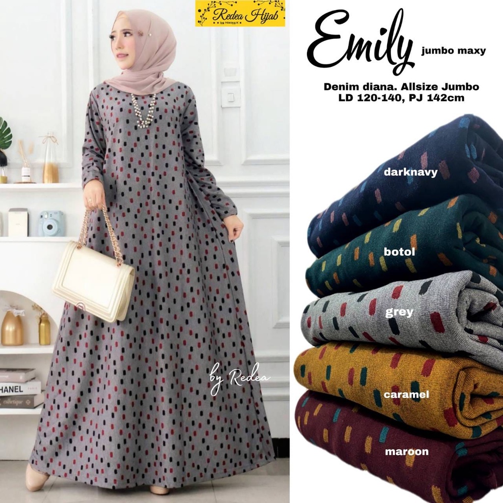 Baju Gamis Pesta Big Size Muslim Polkadot Wanita Harian Kekinian Terbaru 2022 Denim Diana Jumbo XL X