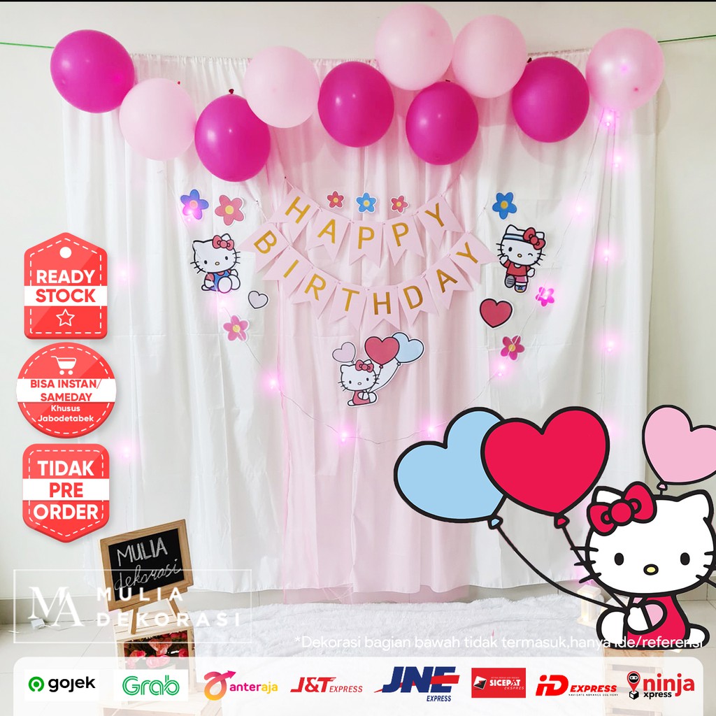 Backdrop Dekorasi Ulang Tahun Happy Birthday 1 set paket Tirai Pesta Anak Paket Hello Kitty