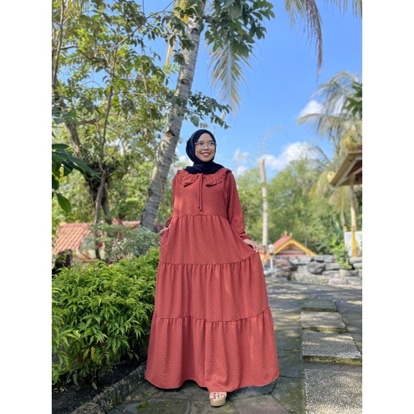 Gamis Jumbo long Dress Gamis Lebaran Idul fitri Gamis rubiah Crincle kerah korea Gamis rubiah Umpak-Teracotta