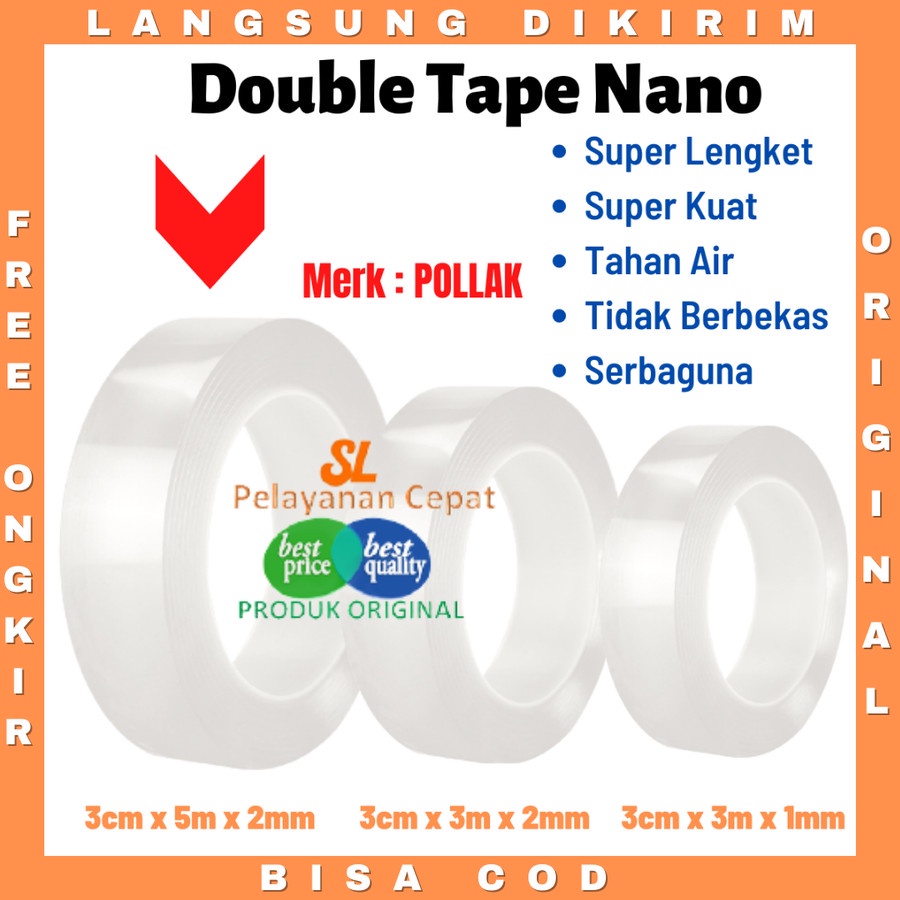 Double Tip Bening Nano POLLAK 5Mtr x 2mm Super Lengket Kuat Tahan Air