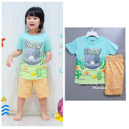 Setelan Kaos Celana Anak Perempuan Motif Jellyfish Pearl / Baju Katun Anak Motif Animals Size 8y