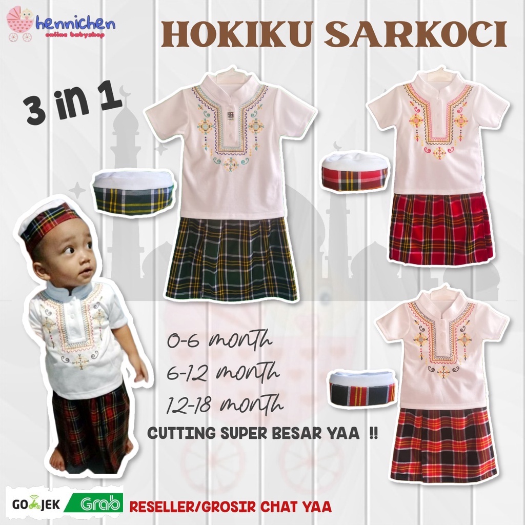 SPESIAL IDUL ADHA HOKIKU SARKOCI SARUNG PECI BAJU KOKO 3 in 1 BAJU KOKO BAYI PAKAIAN MUSLIM BAYI SARKOCI BAJU LEBARAN BAYI SNI