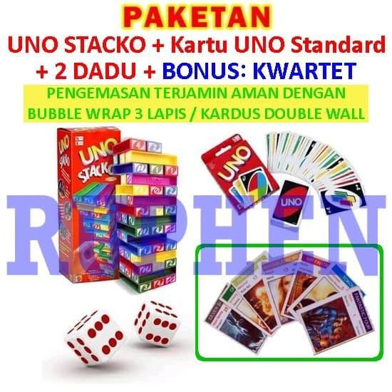 Ready stock Haza | Paket Uno Stacko + Kartu / Card + Dadu / Dice Mainan Balok Seru Promo