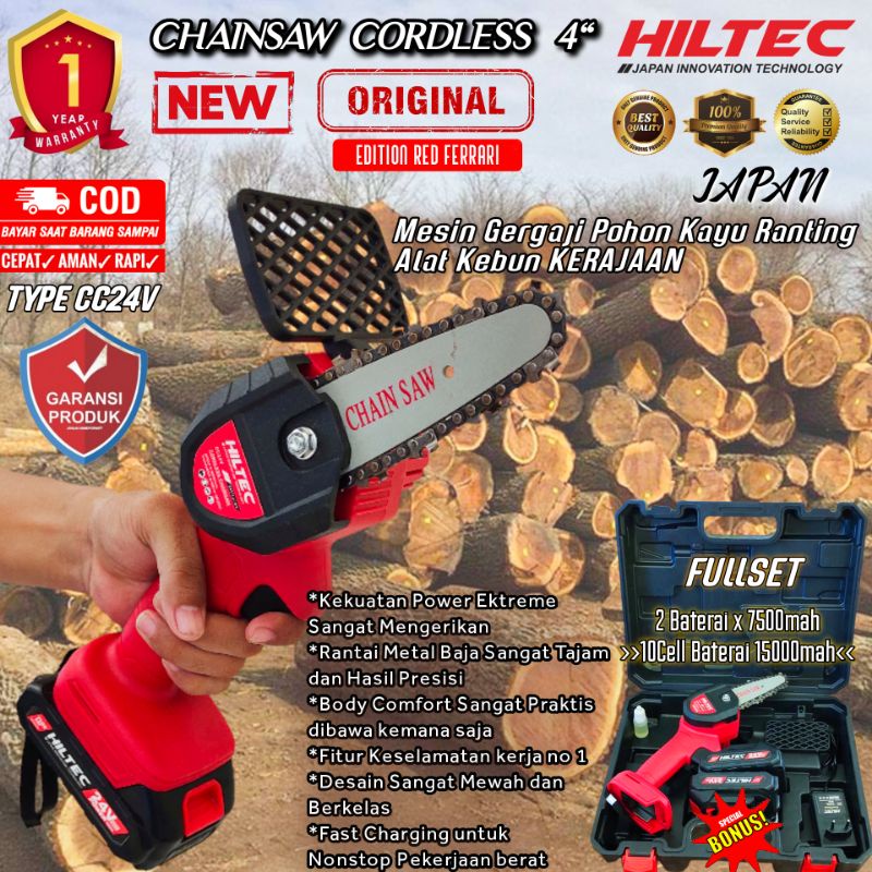 chainsaw mini HILTEC cordless CC24V Mesin gergaji pohon kayu senso tanpa kabel terbaik terlaris
