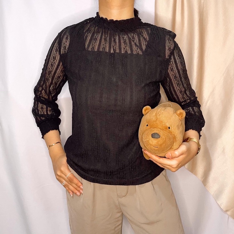 tiano blouse atasan wanita lace black hitam lucu garis cantik formal casual katun brukat brokat moti