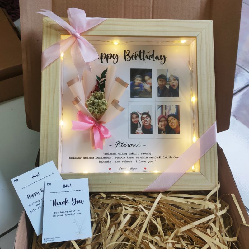 1 Paket Kado Ulang Tahun / Dried Flowers Frame 3D / Bingkai Foto Aesthetic Ada Lampunya