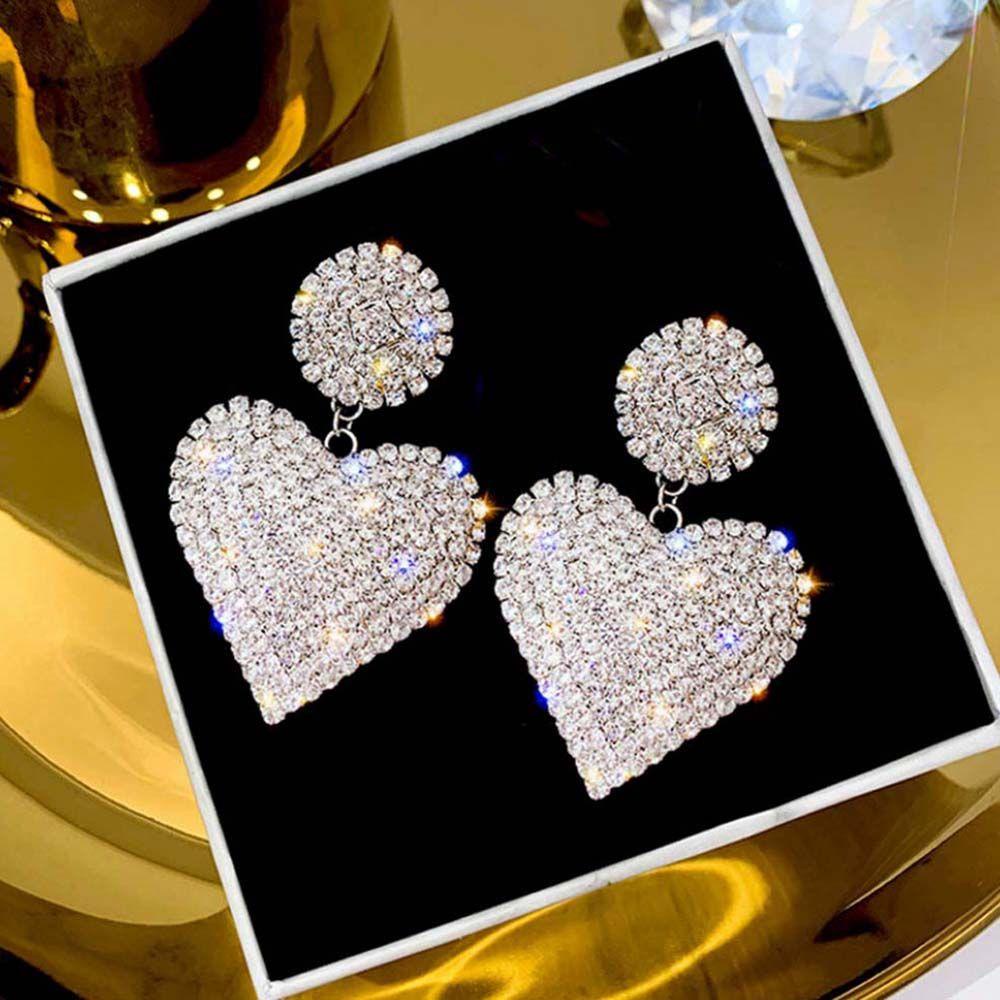 Needway   Stud Earrings Elegan Shiny Temperamen Aksesoris Cinta Hati Penuh Berlian Imitasi Shiny Crystal Menjuntai Earring