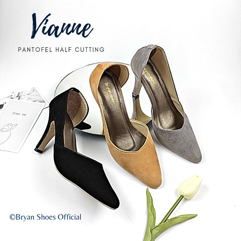 Bryan Vianne Suede Pantofel Heels 5cm 9cm Half Cutting Formal Kantor Polos Bigsize Oversize Jumbo 36-43