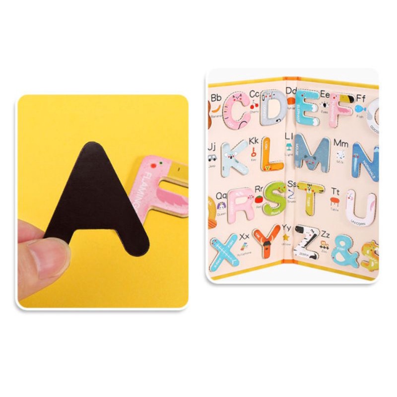 Mainan Edukasi Buku kayu Magnet Puzzle Montessori Mengenal Huruf ABC WOODEN TOYS PAIRING MAGNETIC ALPHABET WIPE CLEAN Kids Toy Magnetic 3D Puzzle Jigsaw Cartoon Animal 26 Letter match Wooden puzzle Educational toys for Children